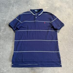 Polo Ralph Lauren Polo Shirt Mens M Dark Blue Striped Collared Short Sleeve